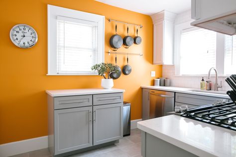 great color! The kitchen accent wall is painted in Sherwin-Williams Osage Orange. Orange Accent Wall Kitchen, Orange Walls Kitchen, Kitchen With Orange Accents, Yellow Walls Kitchen, Orange Kitchen Ideas, Orange Accent Wall, Orange Kitchen Walls, Habitat Furniture, Orange Accent Walls