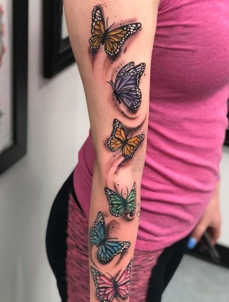 80 Coolest Sleeve Tattoos for Women in 2022 - The Trend Spotter Wolf Hand Tattoo, Geometric Tattoo Butterfly, Rose Tattoo Hand, Butterfly Sleeve Tattoo, Colorful Butterfly Tattoo, Butterfly Name Tattoo, Butterfly Tattoos On Arm, Butterfly Hand Tattoo, 10 Tattoo