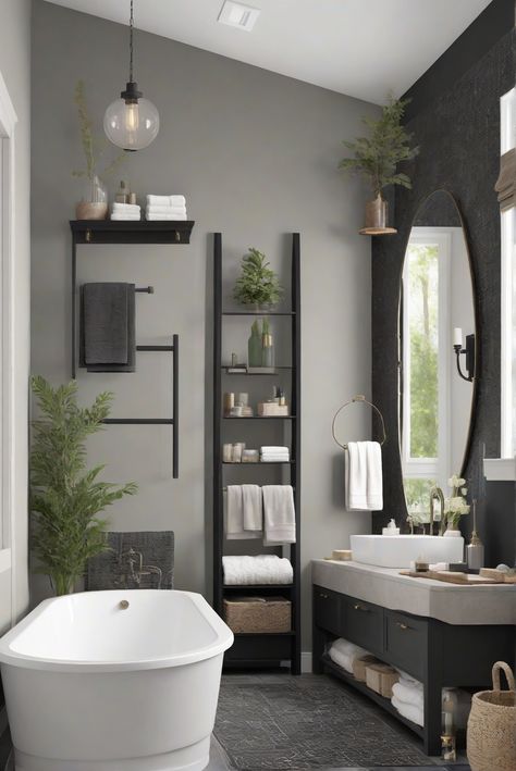 Explore how to integrate Black Pepper (2130-40) into your coastal bathroom design for added depth and vibrancy. Enhance your daily routine with stunning decor decisions! #Ad #homedecor #homedesign #bathroom #Painthome interiorarchitecture best Wall Colors for Bathroom Colors Bright Room Colors best colors combinations bathroom bathroom Remodeling Modern Paint Colors 2024 Dark Bathroom Ideas Color Schemes, Dark Gray Vanity Bathroom Paint Colors, Black And Gray Master Bath, Wall Color For Black And White Bathroom, Gray Bathroom Ideas Colour Palettes, Paint For Black And White Bathroom, Men’s Bathroom Colors, Gray And Black Bathroom, Best Paint Color For Small Dark Bathroom