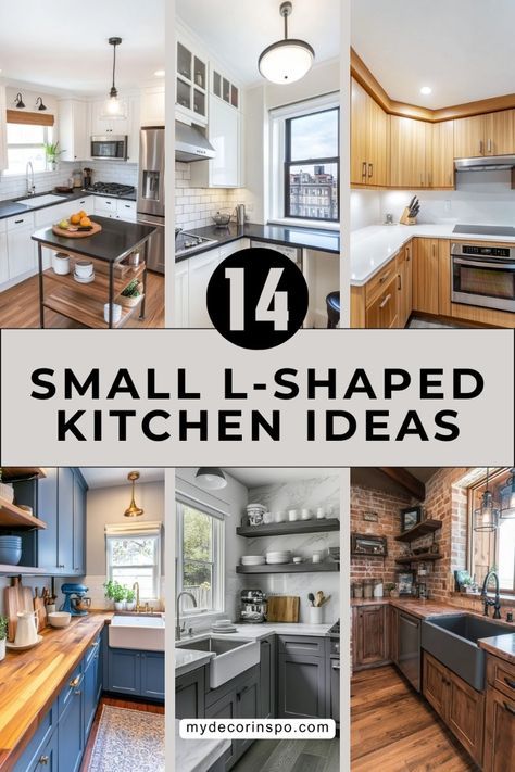 Explore 12 small L-shaped kitchen ideas that prove size isn’t everything. From clever storage solutions to stylish layouts, these kitchens make the most of every square inch. L Shape Mini Kitchen, Small L Kitchen Layout With Island, L Shaped Kitchen Upper Cabinets, Small Space Kitchen Layout, L Shaped Countertop Kitchen, L Shaped Kitchen Layout Floor Plans, Small Townhome Kitchen Ideas, Half Bath Off Kitchen Floorplan, Kitchen With Two Doors