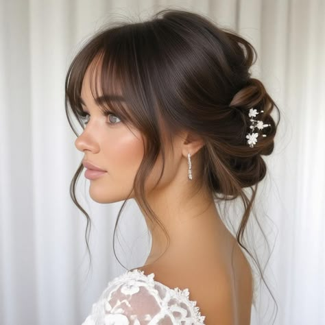 💫 Sophisticated Bridal Hair Half Up wedding hairstyles half up half down bangs | Glamorous Artform is the perfect choice for the modern bride seeking elegance and style. This stunning half-up, half-down hairstyle beautifully frames the face while keeping hair secure and sophisticated. Featuring soft waves and gentle bangs, it creates a romantic look that perfectly complements any gown. Whether you're going for a classic, bohemian, or contemporary vibe, this hairstyle adds a touch of glamour to your special day. Discover your dream bridal Contemporary Bridal Hair, Wedding Hairstyles Bun With Veil, Bridal Hair Fringe Bangs, Bridal Upstyles With Veil, Low Bun Wedding Hair Bangs, Bridal Hair Buns Front Look, Elegant Bridal Hair Updo, Bridal Hair With Bangs And Veil, Bridal Hair That Covers Ears