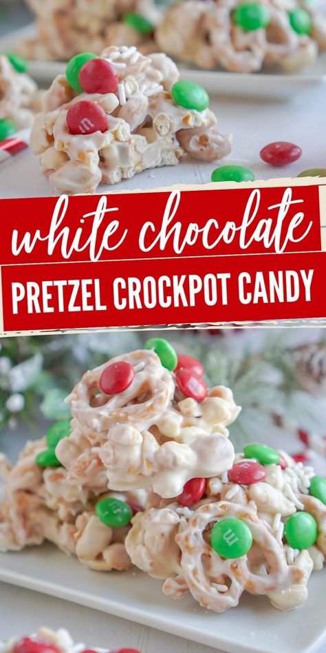 Pretzel Crockpot Candy, Christmas Crockpot Candy, Crockpot Christmas Candy, Candy For Christmas, Crockpot Candy Recipes, Crockpot Christmas, Christmas Candy Easy, Easy Christmas Candy Recipes, White Chocolate Pretzels