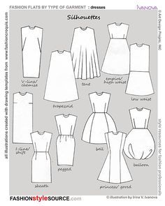 silhouettes of dresses. I think my favorite is sheath. Never would have known the name without this diagram. Types Of Clothes, Fashion Terminology, Types Of, Fashion Design Drawing, Fashion Dictionary, Fashion Terms, Fashion Silhouette, Fashion Vocabulary, Dress Sketches