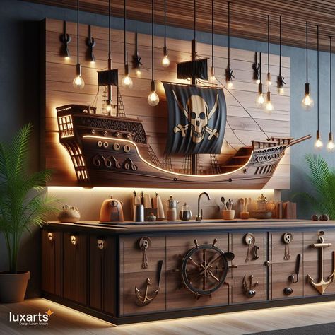 Bar Inspiration Restaurant, Pirate Restaurant, Viking Interior Design, Pirate Kitchen, Viking Bar, Bar Wall Design, Island Bars, Glass Patio Table, Small Bar Areas