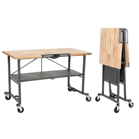 Cosco 12.6-in W Rolling Grey with Hardwood Top Butcher Block Portable Work Bench in the Work Benches & Tops department at Lowes.com Workbench On Wheels, Steel Workbench, Portable Workbench, Folding Workbench, Butcher Block Top, Garage Work Bench, Compact Storage, Craft Table, Work Table