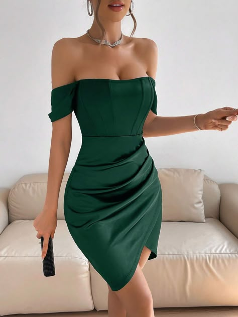 SHEIN BAE Off Shoulder Ruched Tulip Hem Satin Dress | SHEIN EUQS Satin Dress Outfit, Bachelorette Cruise, Short Satin Dress, Travel Free, Work Chic, Professional Office, Formal Dresses Short, Contemporary Wedding, Shein Dress