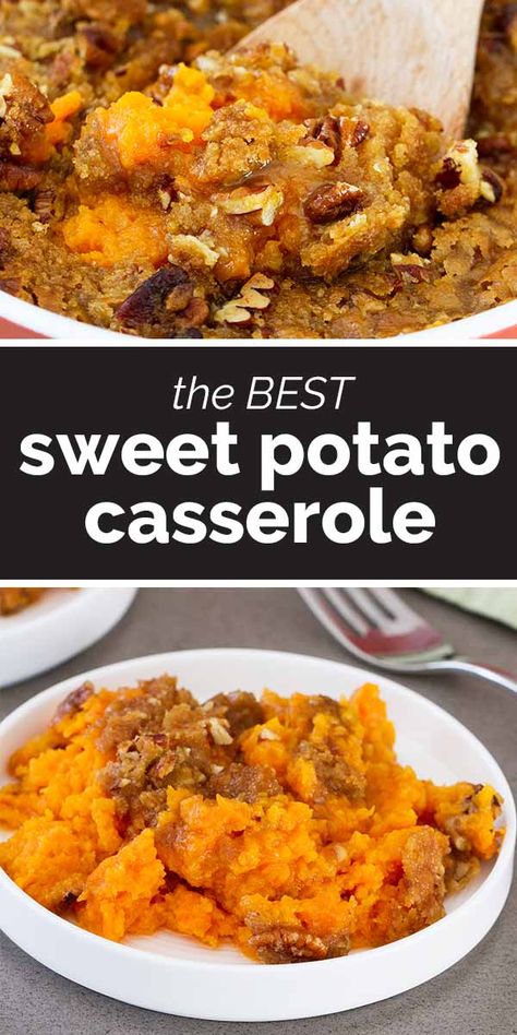 A sweet and decadent side dish, this really is the BEST Sweet Potato Casserole. It is perfect for the holidays! #recipe #sweetpotatocasserole Sweet Potato Christmas Recipes, Sweet Potato With Pecans, Healthy Sweet Potato Casserole, Casserole Potato, Sweet Potato Baked, Sweet Potato Casserole Healthy, Recipe Casserole, Best Sweet Potato Casserole, Best Sweet Potato