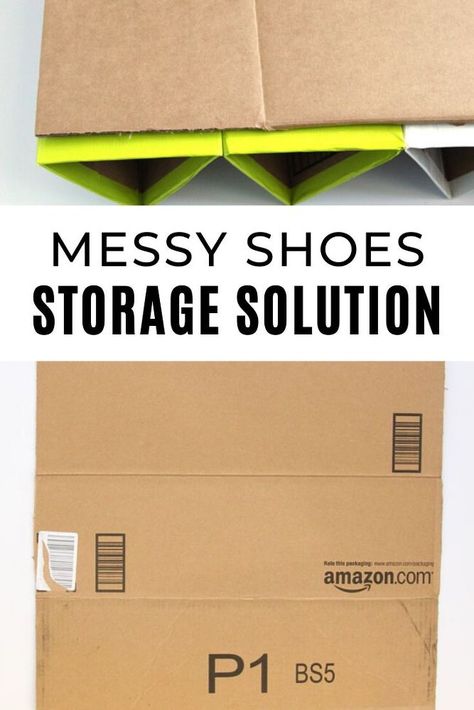 Are shoes taking over your floor? Check out this cheap, easy and quick shoe storage solution that is clever and eco- friendly by reusing cardboard boxes. Perfect for entryway closets. #diy #shoestorage #cardboard Home Made Shoe Rack Ideas, Diy Shoe Box Ideas, Diy Shoe Storage Ideas, Shoe Boxes Storage, Entryway Closets, Shoe Storage Ideas For Small Spaces, Storage Ideas For Small Spaces, Shoe Storage Small Space, Space Saving Shoe Rack