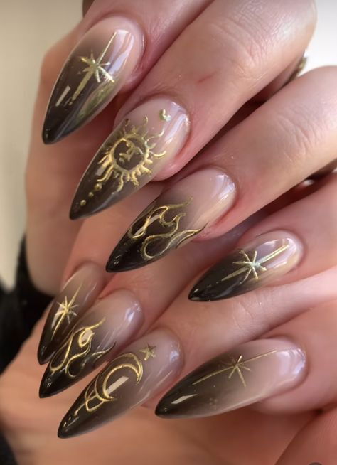 Gold Flames Nails, Sjm Inspired Nails, Apollo Inspired Nails, Witch Nails Aesthetic, Greek Goddess Nails Designs, Romani Nails, Mystical Nails Simple, Egyptian Nails Designs, Tarot Nail Art