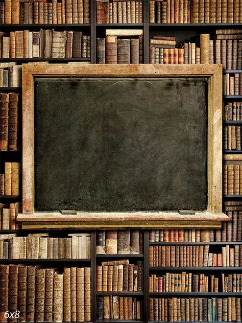 Vintage Library Chalkboard Photography Backdrop - Photography backdrop featuring a vintage chalkboard surrounded by antique books on shelves. Vintage Classroom Decor, Vintage Classroom, Homeschool Room Decor, Themed Photography, Rustic Chalkboard, Vintage Chalkboard, Backdrop Photography, Vintage Library, School Photography