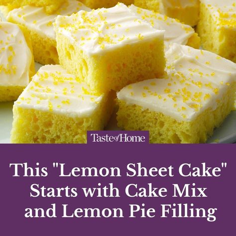 You've NEVER had a cake like this! 🍋 Click the link in our bio for the full recipe. ⁠ ⁠ #sheetcake #cakestagram #lemoncake #dessertideas #dessertrecipes #tasteofhome Pie, Lemon Sheet Cake With Glaze, Lemon Pie Cake, Lemon Cake With Lemon Pie Filling, Boxed Lemon Cake Hacks, Canned Lemon Pie Filling Recipes, Lemon Cake Mix Recipes, Lemon Sheet Cake Recipe, Lemon Sheet Cake