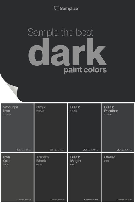 Sample the best dark paint colors with Samplize. Explore and experience a curated selection of exquisite shades designed to elevate your space effortlessly! Charcoal Paint Bedroom, Phantom Mist Paint Color, Dark Grey Bedroom Walls Paint Colors, Blackest Black Paint, Moody Gray Paint Colors, Darker Bedroom Paint Colors, Best Dark Grey Paint Color, Charcoal Bedroom Walls, Dark Grey Wall Paint