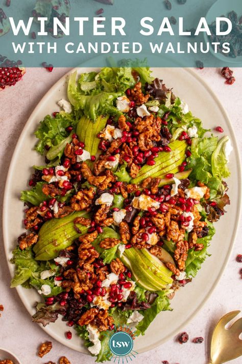 Festive Winter Salad with Candied Walnuts - The Schmidty Wife Candied Walnuts For Salad, Spicy Walnuts, Candied Walnut Recipe, Cranberry Walnut Salad, Pomegranate Recipes, Walnut Recipes, Walnut Salad, Winter Salad, Dinner Plan