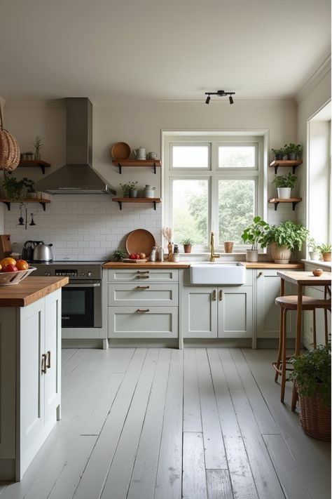 Rustic kitchen with gray painted wooden floors and vintage decor Farmhouse Kitchen Gray Floor, White Wooden Floor Kitchen, Wooden Floor In Kitchen, Light Gray Floors Kitchen, Painted Wood Floors Kitchen, Light Grey Floors Kitchen, Kitchen With Grey Floor, Kitchen Wood Flooring Ideas, Affordable Flooring Ideas