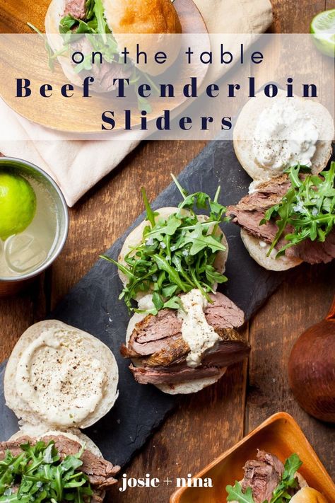 Roast Beef Sliders With Horseradish, Fancy Roast Beef Sandwich, Filet Mignon Sliders Recipe, Filet Sliders Recipe, Beef Tenderloin Buffet Ideas, Steak Sliders With Horseradish, Beef Tenderloin With Horseradish Sauce, Beef Tenderloin Sliders Recipes, Party Roast Beef Sandwiches