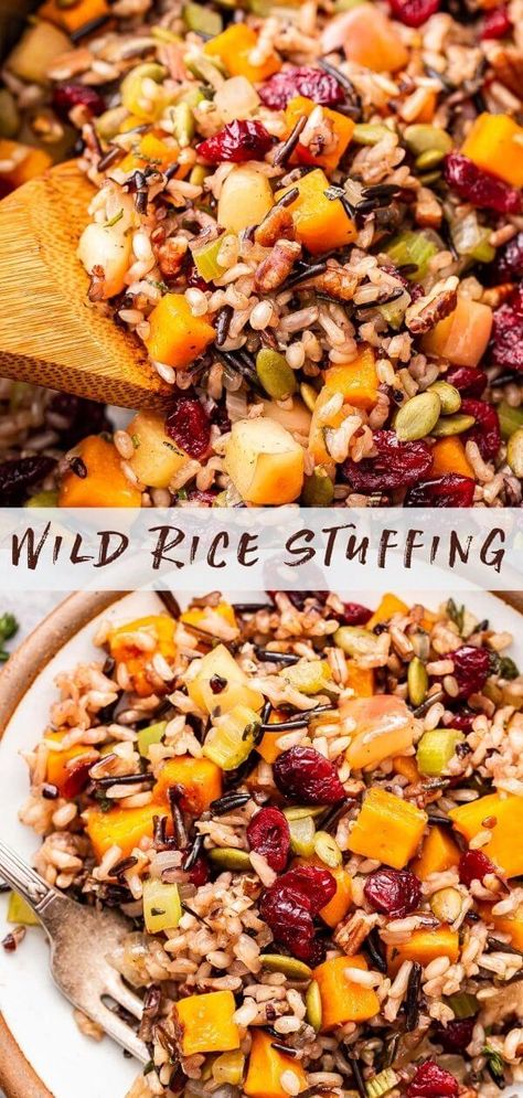 Wild Rice Stuffing is a great alternative to traditional bread stuffing. Wild rice, roasted butternut squash, sweet apples, fresh herbs, dried cranberries, pecans and pepitas all come together in this flavorful holiday side dish! #wildrice #rice #stuffing #butternutsquash #thanksgiving #sidedish #vegan #glutenfree #christmas Wild Rice Stuffed Butternut Squash, Stuffed Butternut Squash With Wild Rice, Wild Rice Mushroom Stuffing Thanksgiving, Wild Rice Thanksgiving Side, Rice Thanksgiving Dishes, Wild Rice Dressing Thanksgiving, Wild Rice Stuffing Thanksgiving, Thanksgiving Rice Recipes, Rice Stuffing Thanksgiving