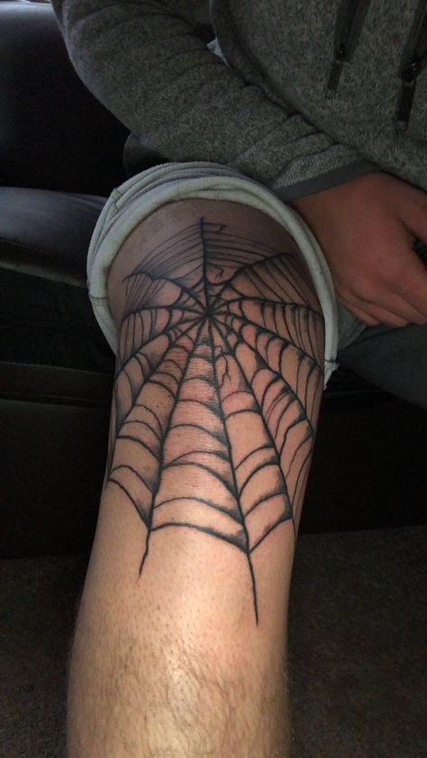 Spider Web Knee Tattoo Men, Kneecap Spiderweb Tattoo, Traditional Spider Web Tattoo Knee, Spiderweb Tattoo On Knee, Knee Cobweb Tattoo, Spider Web Leg Tattoo, Half Knee Tattoo, Cobweb Knee Tattoo, Knee Web Tattoo