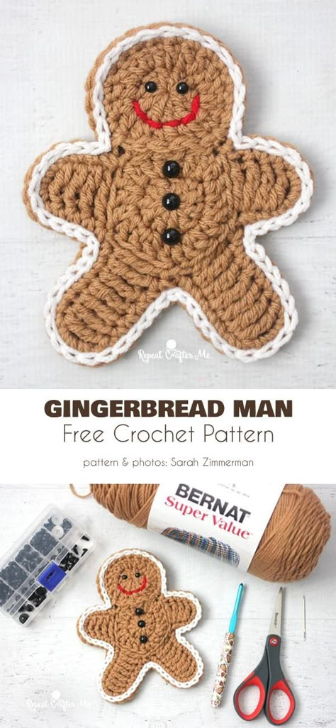 Gingerbread Ornament Free Crochet Patterns - Your Crochet Easy Crochet Gingerbread Man, Mini Crochet Gingerbread Man, Flat Crochet Ornaments, Crocheted Gingerbread Man, Gingerbread Crochet Ornaments, Christmas Crochet Gingerbread Man, Crocheted Gingerbread Man Patterns, Crochet Gingerbread Man Garland, Crochet Christmas Ornaments Free Patterns Easy