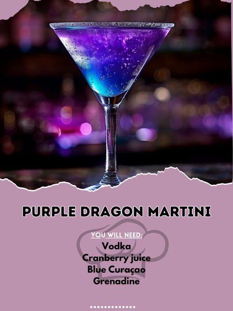 Purple Dragon Martini, Fun Martini Recipes, Cranberry Juice And Vodka, Purple Drink, Halloween Party Drinks, Martini Ingredients, Bartender Drinks, Cocktail Drinks Alcoholic, Mixed Drinks Alcohol