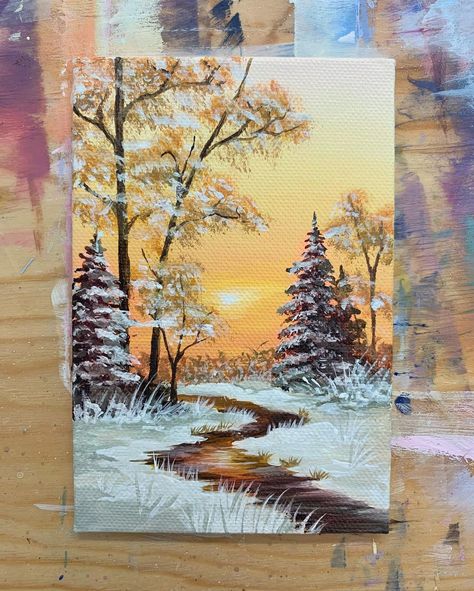 Winter Sunset Painting, Snowy River, Landscape Painting Tutorial, His Style, A Bob, Yellow Sky, Easy Canvas Art, Landscape Paintings Acrylic, Winter Sunset