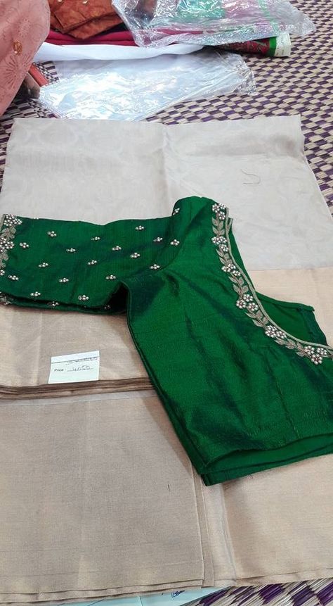 kora silk cotton with dupion designer blouse - Tanvika Saree - 9047090885 | Unique blouse designs, Green blouse designs, Blouse designs Silk Saree Blouse Embroidery Designs Simple, Silk Cotton Sarees Blouse Designs, Green Blouse Simple Work Designs, Cotton Blouse Embroidery Designs, Work On Silk Blouses, Embroidery Blouse Designs For Silk Saree, Silk Saree Blouse Designs With Work, Designer Blouse Work Designs, Simple Green Blouse Designs For Saree Silk