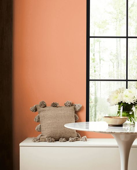 Sunset SW 6626 | Orange Paint Colors | Sherwin-Williams Sherwin Williams Sunset Paint Color, Sherwin Williams Warming Peach, Nearly Peach Sherwin Williams, Sherwin Williams Sunset, Sherwin Williams Mediterranean, Orange Painted Walls, Sunset Paint, Orange Paint Colors, Shoji White