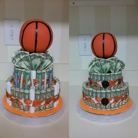 Birthday money cake Basketball Money Gift Ideas, Birthday Money Cake, Money Wreath, Money Cakes, Basketball Cake, Money Cake, Candy Bouquets, Money Bouquet, Money Gifts