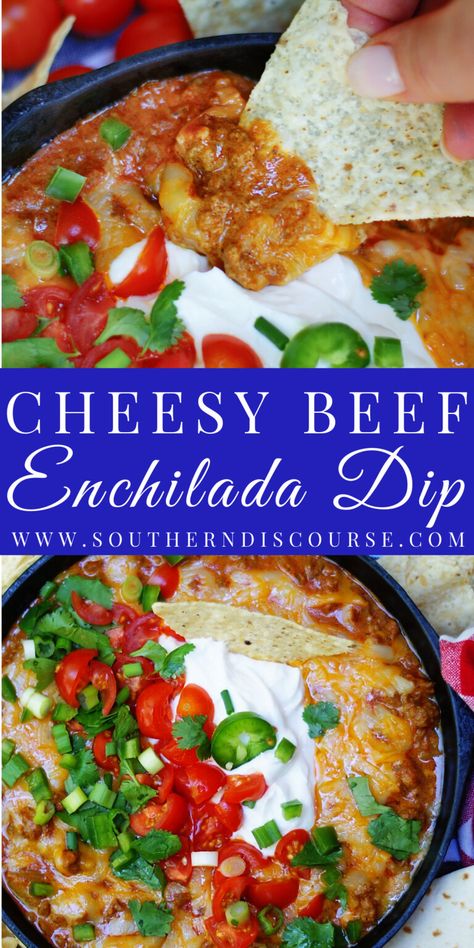 BEST Cheesy Beef Enchilada Dip - southern discourse Beef Enchilada Dip, Cheesy Enchiladas, Southern Cooking Recipes, Beef Enchiladas, Best Appetizer Recipes, Best Comfort Food, Recipes Appetizers And Snacks, Fun Easy Recipes, Southern Cooking