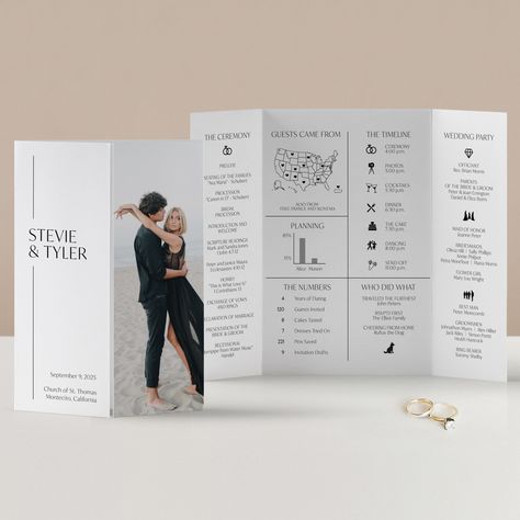 This fun infographic Gatefold Wedding Ceremony Program includes all your crucial details as well as so many fun facts and points of interest about the happy couple.  It is 7"x 10", folds down to 5"x 7".  3 templates are provided to give you printing choices. The template includes example QR Codes in the layout (QR Code creation instructions are included with purchase - creating your own QR Code is free and very easy!) These templates are designed to insert your own QR Code and then link your guests from their smartphone straight to your online RSVP SITE, your website, or anywhere else! 52 icons are included as well as 6 maps. Access your Gate Fold Wedding Program template within minutes of purchase and edit it in TEMPLETT. Wording, font, font color can all be edited, you can also add graph Wedding Handouts Ceremony Programs, Wedding Program Examples Layout, Wedding Infographic Program, Classic Wedding Program, Fun Infographic, Wedding Program Ideas, Wedding Programme, Online Rsvp, Wedding Infographic