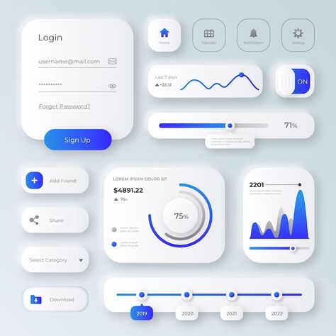 Free Vector | Gradient colored ui kit collection Flat Design Colors, Dashboard Design Template, Ux Kits, Card Ui, Ui Design Trends, Social Media Branding Design, Vector Gradient, Ux Design Inspiration, App Design Inspiration