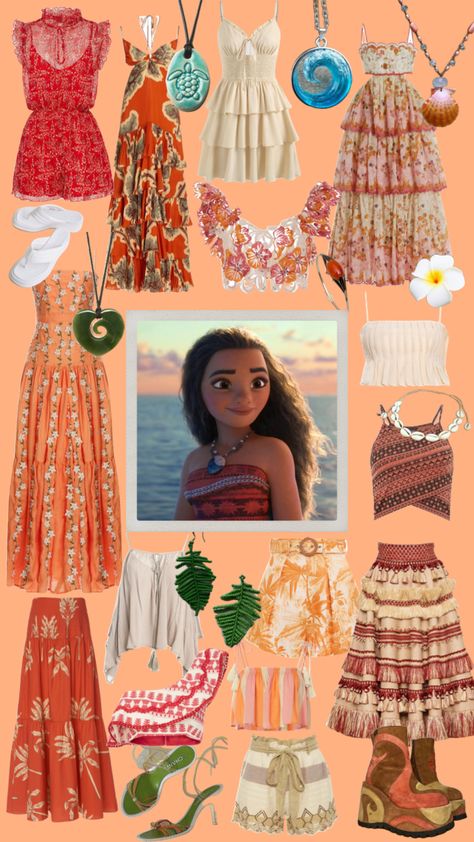 Moana #moana #disneyfashionseries #disney #disneybound #orange #peach #cream #outfitinspo #disneyprincess #summer #tropical Tropical Look Outfit, Merida Inspired Outfits Casual, Moana Inspired Dress, Tropical Inspired Outfit, Disney Princess Outfit Inspiration, Moana Style Outfit, Raya Inspired Outfits, Moana Bounding, Moana Inspo Outfit