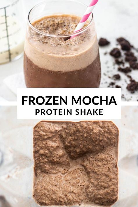 Protein Shake Frappe, Protein Mocha Iced Coffee, Frozen Protein Coffee, Frozen Coffee Protein Shake, Frozen Protein Shake, Mocha Protein Shake, Mocha Shake, Iced Coffee Protein Shake Recipe, Iced Coffee Protein Shake