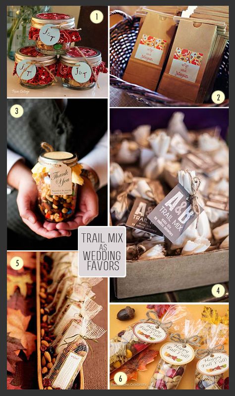 Trail mix favors in jars and bags #fallwedding #trailmix #favorpackaging #trailmixweddings Trail Mix Wedding Favors, Trail Mix Packaging Ideas, Trail Mix Favors, Gift Bags For Wedding Guests, Barn Wedding Inspiration, Western Themed Wedding, Jordan Almonds, Thanksgiving Wedding, Boho Country