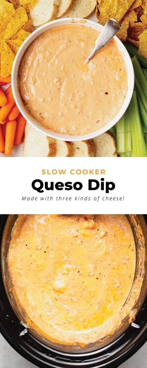 This Slow Cooker Queso Dip is the ultimate cheesy appetizer! It's super creamy (never clumpy!), and made with easy to find ingredients. Enjoy! Slow Cooker Queso Dip, Queso Dip Crockpot, Slow Cooker Queso, Crock Pot Queso, Spicy Queso, Cheesy Appetizer, Queso Dip Recipes, Crock Pot Dips, Queso Recipe