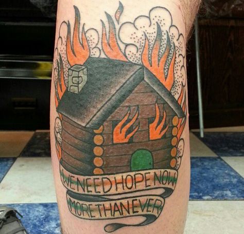 Burning House Tattoo, Cabin Tattoo, Cheltenham England, House On Fire, House Tattoo, Traditional Tattoo Old School, Burning House, Fire Tattoo, R Tattoo