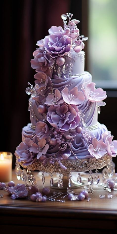 Glamour Cake, Wedding Cake Strain, Flower Cake Design, Purple Cake, Big Wedding Cakes, Creative Wedding Cakes, The Wedding Cake, Purple Cakes, Cute Cake