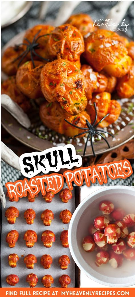 Skull Roasted Potatoes- fun easy halloween dinner side dish for the family and kids! Red roasted potatoes recipe for a spooky meal. Fun easy potatos that look like skulls. Creepy! Fall Recipes With Potatoes, Halloween Potatoes Ideas, Halloween Roasted Veggies, Spider Devilled Eggs, Halloween Skull Potatoes, Potluck Recipes Halloween, Deadpool Food Ideas, Halloween Baked Potatoes, Easy Halloween Crockpot Recipes