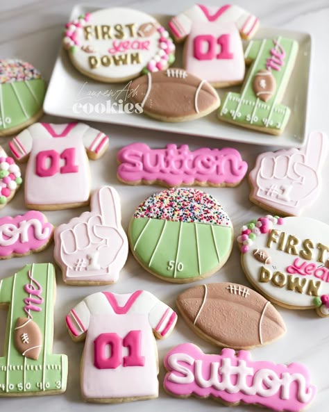 First Down Cookies, Pink Football Party, Sports Cake Ideas, First Down Birthday, Football Nursery, Lauren Ash, Club Birthday Party, Football First Birthday, Baby Girl Birthday Party