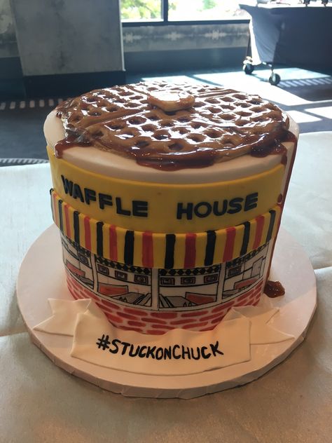 Such a fun groom's cake! A little Waffle House replica! They had their first date at a Waffle House ❤️🥞 #stuckonchuck Waffle House Party Theme, Waffle House Party, Waffle House Birthday Party, Waffle Wedding Cake, Waffle House Themed Birthday Party, Waffle House Themed Party, Waffle House Wedding, Waffle Cake Birthday Ideas, Waffle Birthday Cake