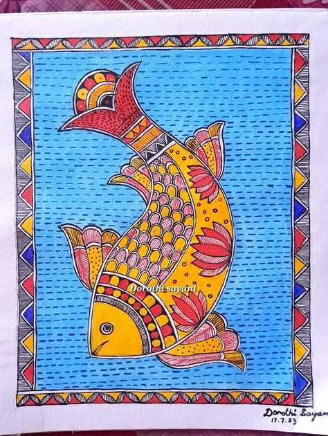 Madhubani fish on canvas paper Madhubani Painting Fish Design, Madhubani Fish Design, Madhubani Fish Paintings, Madhubani Art Fish, Fish Madhubani Painting, Traditional Madhubani Art, Madhubani Drawing, Madhubani Fish, Madhubani Motifs