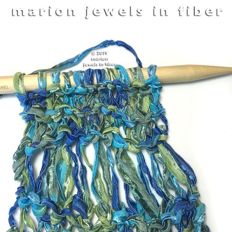 Knitted Scarf with Silk Ribbon | Free Pattern Ribbon Yarn Scarf, Loom Knitting Scarf, Recycled Sari Silk Yarn, Bind Off Knitting, Knitting Hacks, Knitted Patterns, Yarn Necklace, Hand Dyed Silk Ribbon, Scarf Yarn