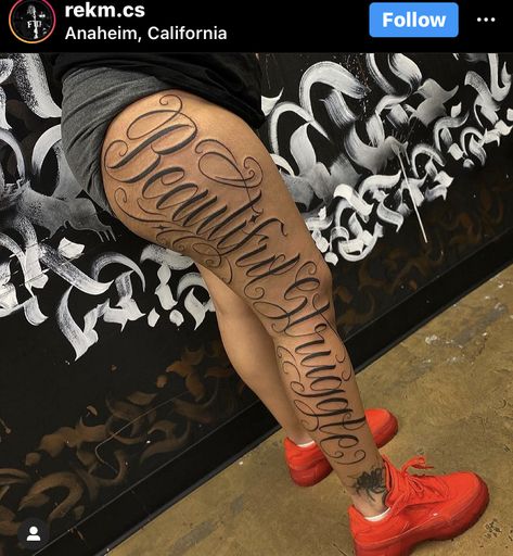 Front Of Knee Tattoo, Name On Leg Tattoo, Girlie Hand Tattoos, Loyal Tattoo For Women, Leg Tattoo Script, Leg Name Tattoos For Women, Leg Writing Tattoos Women, Leg Word Tattoos For Women, Thug Tattoos For Women Leg