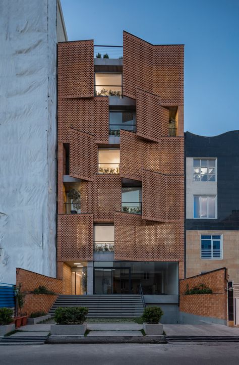 Tehran housing by Fundamental Approach Architects uses perforated brick Architecture Art Nouveau, Facade Architecture Design, Residential Building Design, Modern Architecture Building, Brick Architecture, Brick Facade, Building Facade, Brick Design, Brick Building