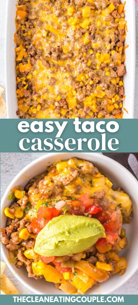 This Easy Taco Casserole Recipe is a delicious weeknight dinner. Made in under an hour with tortillas, this ground beef casserole is the best! Made simple with basic pantry ingredients - this is an easy healthy recipe everyone will love! 5 Ingredient Meal Prep, Healthy Casserole Recipes Clean Eating, Taco Casserole Recipes, Taco Bake Casserole, Easy Taco Casserole, Mexican Dinners, Healthy Taco, Healthy Ground Beef, Recipes Mexican