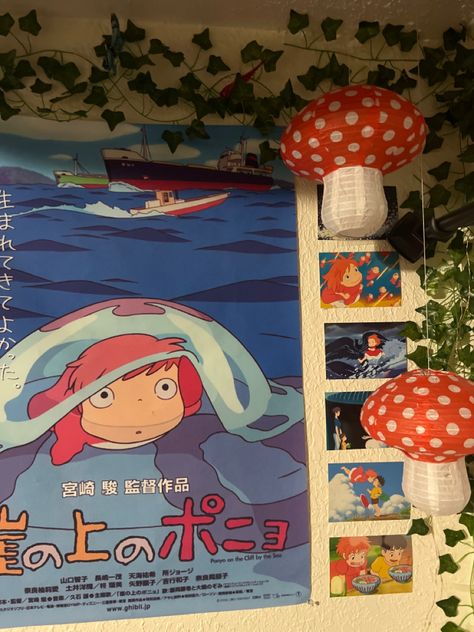 Ghibli Studio Aesthetic Room, Ponyo Aesthetic Room, Ponyo Room Aesthetic, Ponyo Themed Bedroom, Ghibli Core Bedroom, Ghiblicore Bedroom, Ponyo Room Decor, Ponyo Decor, Ghibli Room Ideas