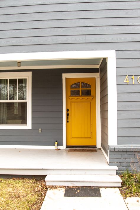 Mustard Yellow Door Grey House, Mustard Front Door Color, Mustard Door Grey House, Mustard Front Door, Mustard Yellow Front Door, Mustard Yellow Door, Mustard Door, Dark Grey Houses, Yellow Front Door