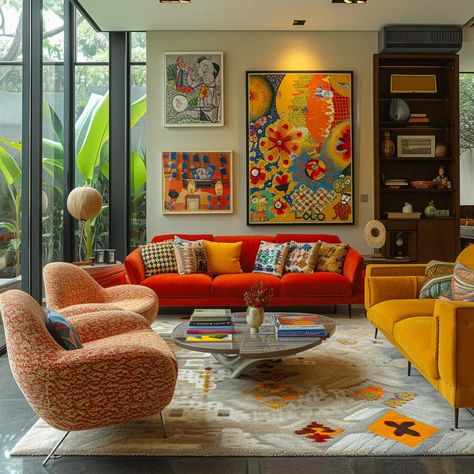 The Art of Mixing Styles in a Mid Century Modern Eclectic Living Room • 333+ Images • [ArtFacade] 3 Sofa Living Room Layout, Midcentury Modern Eclectic Living Room, Mid Century Modern And Eclectic, Eccentric Modern Decor, Bold Color Couch Living Room, Energetic Living Room, Eclectic Art Deco Living Room, Copper Couch Living Room Ideas, Contemporary Colorful Living Room