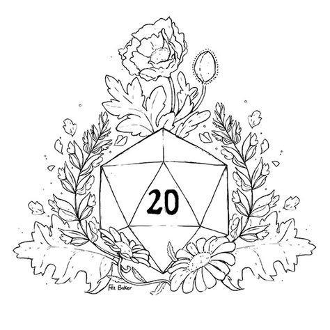 Dnd Tattoos, D20 Tattoo, D20 Art, Surgery Tattoo, Dnd Notebook, Gesso Art, Dice Tattoo, Nerd Tattoo, A Coloring Page