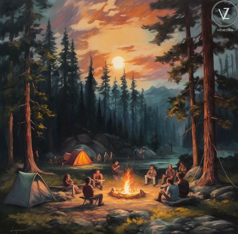 Experience the warmth and camaraderie of a camping adventure with this captivating oil painting. The artwork portrays a serene scene, where tall trees create a natural canopy, and a flickering bonfire becomes the heart of gathering. People are gathered around, sharing stories and laughter under the starry night sky. The artist's skillful brushstrokes and use of warm hues bring the coziness and magic of a camping experience to life. Anime Nature, Cozy Camping, Camping Scene, Camping Set Up, Night Sky Painting, Camping Photography, Camping Aesthetic, Backyard Camping, Animation Artwork