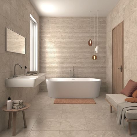 BEIGE BATHROOM IDEAS – Beige stems from brown. The colour attracts us because it looks bright and homey. No wonder that many house owners apply the co... Beige Bathroom Tile, Beige Bathroom Tiles, Beige Tile Bathroom, Brown Tile Bathroom, Drømme Bad, Bathroom Ideas Beige, Makeover Kamar Mandi, Bathroom Feature Wall, Beige Bathroom Ideas